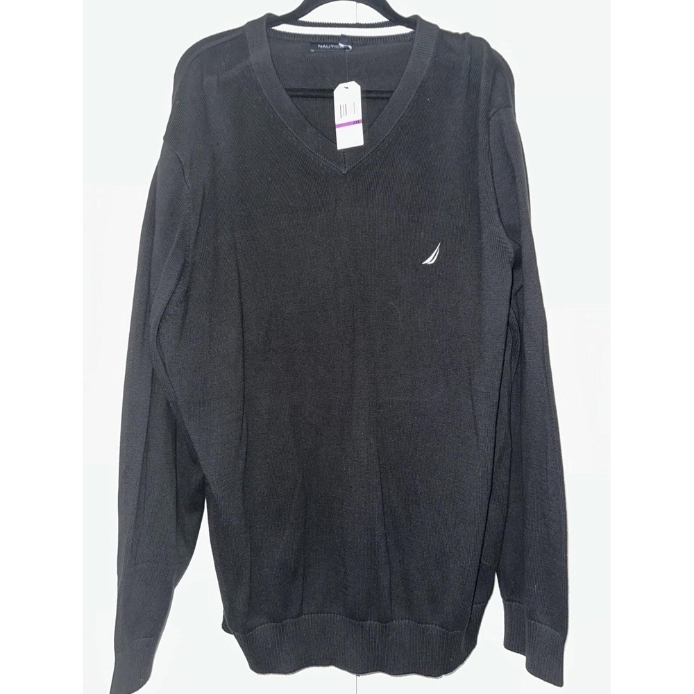 Nautica Sweater Mens 2XL Black V Neck Embroidered Sail Logo Pullover N8350M